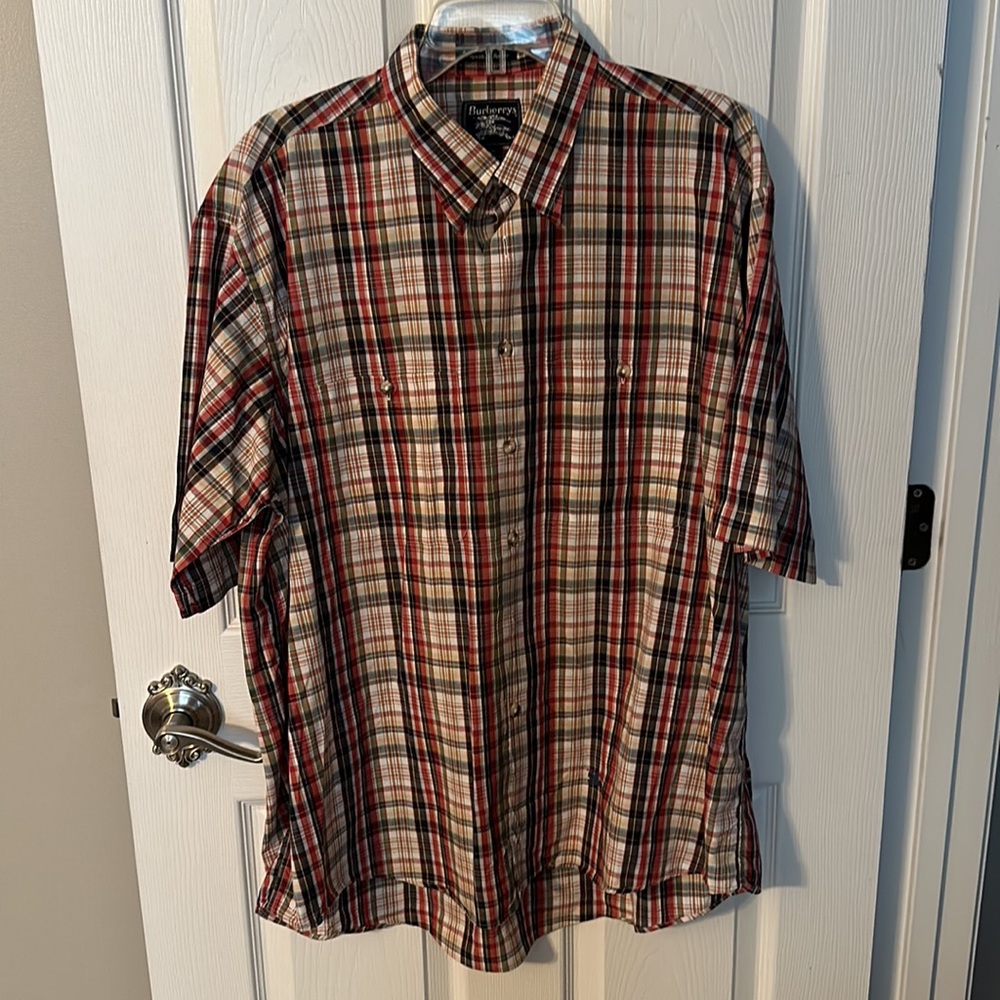 - Burberry Plaid Check Button Up Short  Sleeve Shirt 100% Cotton Sz XL